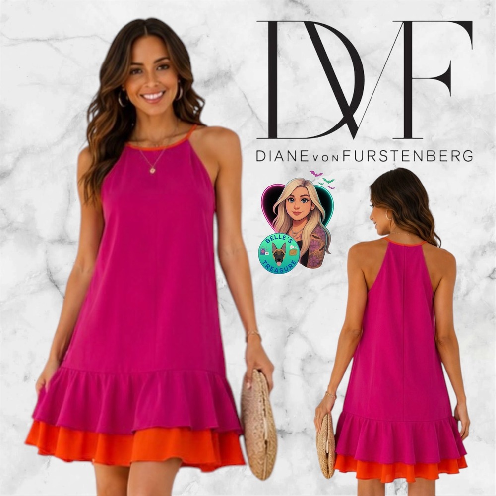 Diane von Furstenberg Women's 12 Kera Combo Dress Pink Orange Halter Ruffle NEW
